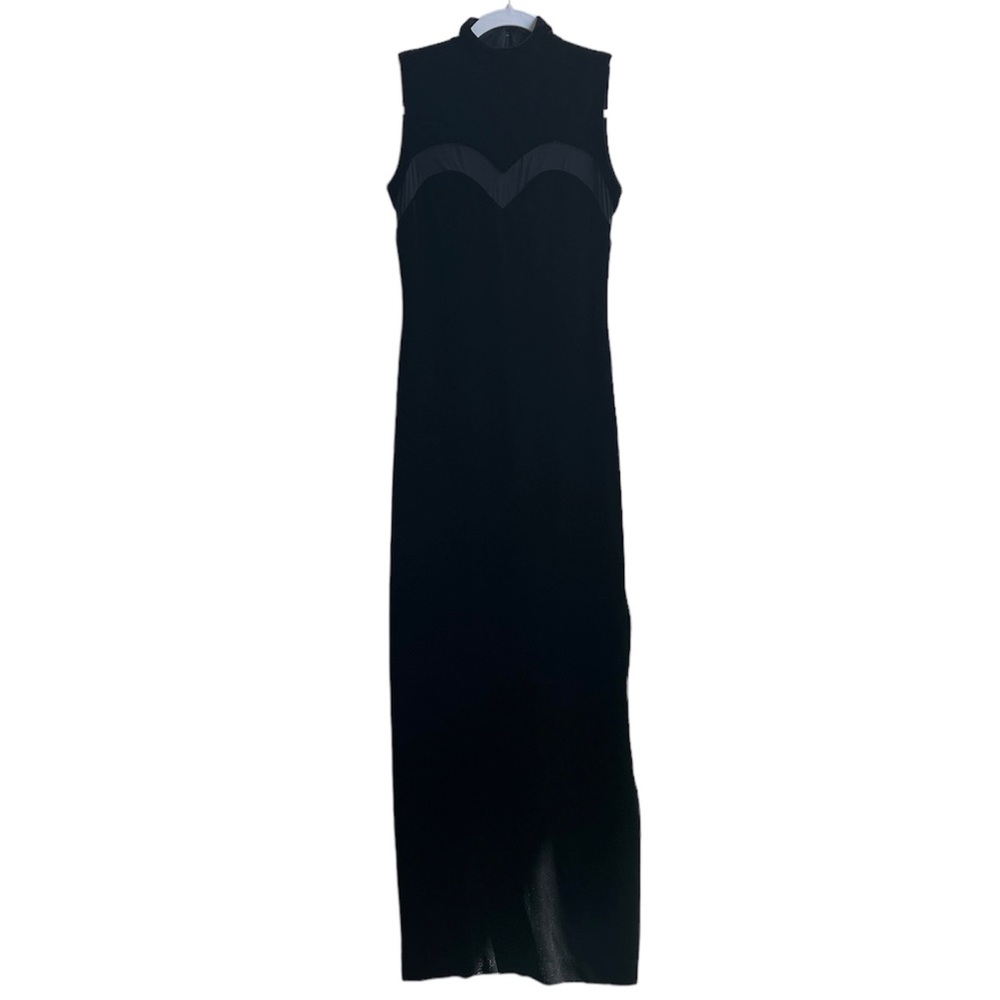 En Francais by Huey Waltzer Black Maxi Sleeveless Gown Dress Sheer Panels 90s